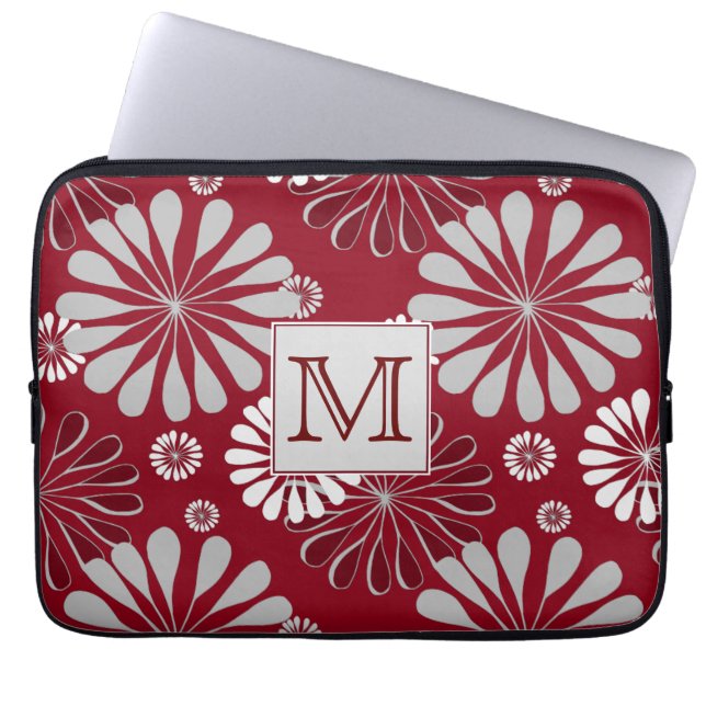 Funda Para Portátil Monograma floral borgoñón y gris (Frente)
