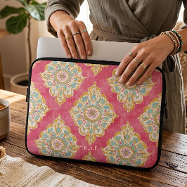 Funda Para Portátil Monograma Floral Damask Vintage Rosa Personalizado