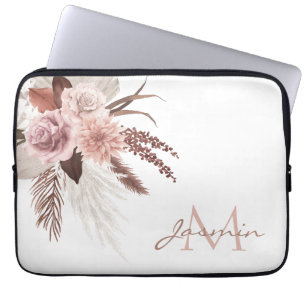 Funda Para Portátil Monograma floral de hierba de Pampas Boho Blush