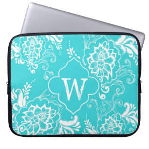 Funda Para Portátil Monograma floral decorativo elegante antaqua azul