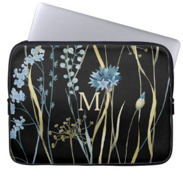 Funda Para Portátil Monograma Floral Luz azul y oro en negro
