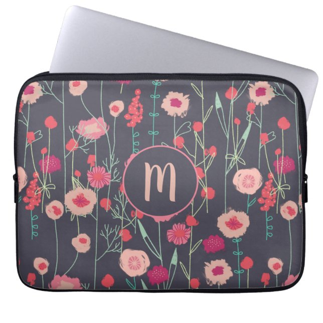 Funda Para Portátil Monograma Floral oscuro (Frente)