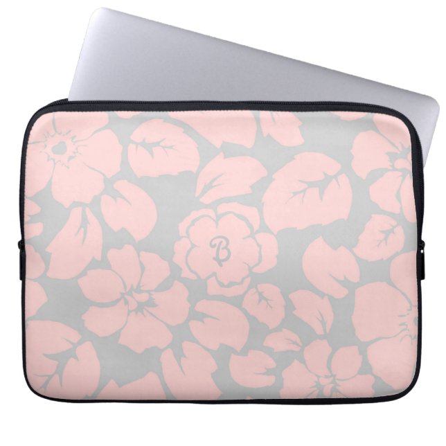 Funda Para Portátil Monograma floral rosa pastel y gris (Frente)