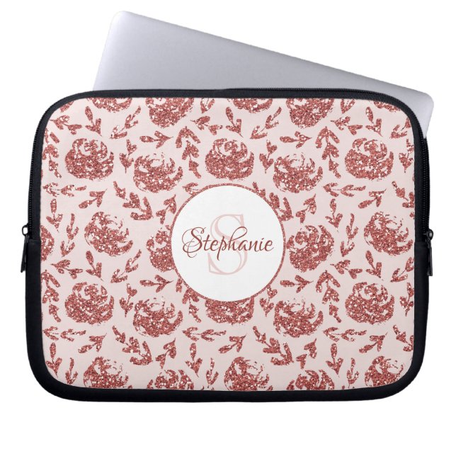 Funda Para Portátil Monograma floral Rosa Purpurina de oro Personaliza (Frente)