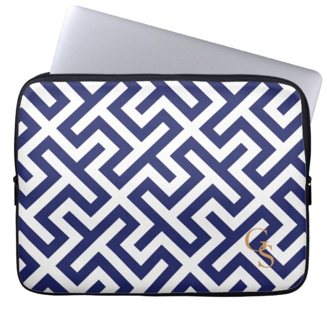 Funda Para Portátil Monograma geométrico abstracto azul moderno de los (Frente)