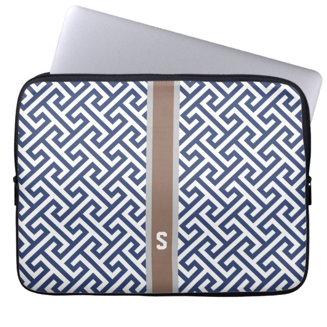 Funda Para Portátil Monograma geométrico dominante griego azul (Frente)