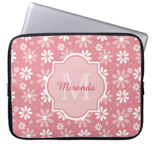 Funda Para Portátil Monograma Girly Flores De Marea Rosa Cuta Con Nomb