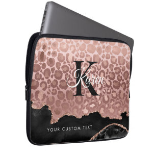 Funda Para Portátil Monograma Girly Rosa Leopardo De Oro Y Mármol Negr