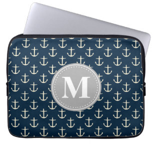Funda Para Portátil Monograma gris de patrón de ancla azul de la marin