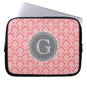 Funda Para Portátil Monograma Gris del patrón de damasco floral de cor