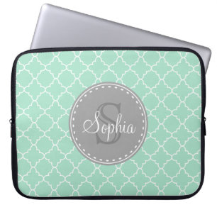 Funda Para Portátil Monograma gris del patrón de Mint Trellis de moda