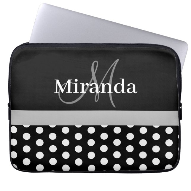 Funda Para Portátil Monograma gris Punto de Polka Blanco Negro (Frente)