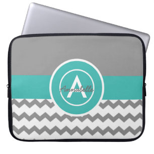 Funda Para Portátil Monograma gris verde azulado de Chevron