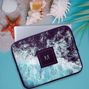 Funda Para Portátil Monograma Hawaii de las olas del océano negro azul