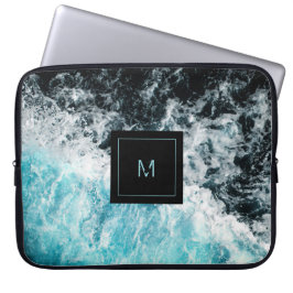 Funda Para Portátil Monograma Hawaii de las olas del océano negro azul