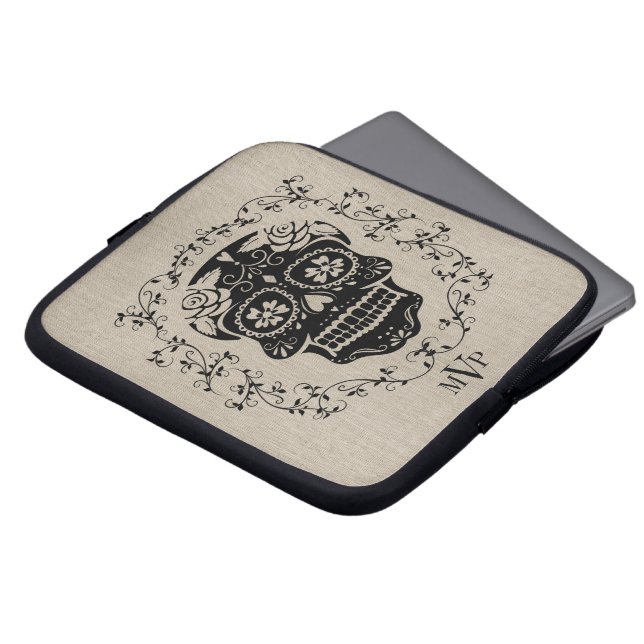 Funda Para Portátil Monograma Hipster Black Sugar Skulap Burlap (Superior anverso)