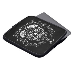 Funda Para Portátil Monograma Hipster Calavera de azúcar blanco