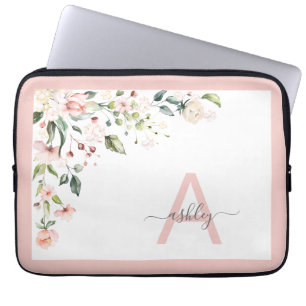 Funda Para Portátil Monograma inicial de guión floral rosa de bonito