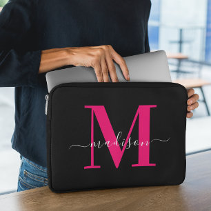Funda Para Portátil Monograma inicial negro y negrita rosado caliente