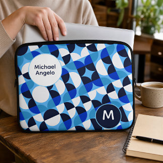 Funda Para Portátil Monograma Inicial Personalizada Geométrica Azul