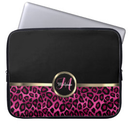 Funda Para Portátil Monograma Leopardo rosa y negro con acentos dorado