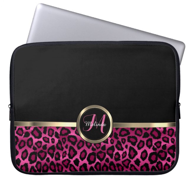 Funda Para Portátil Monograma Leopardo rosa y negro con acentos dorado (Frente)