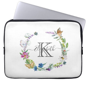 Funda Para Portátil Monograma letra caligrafía mariposas flores