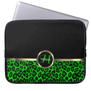 Funda Para Portátil Monograma lima y leopardo negro con acento dorado