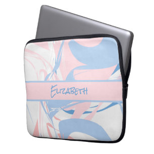 Funda Para Portátil Monograma Mármol Remolino Azul Blanco Rosa