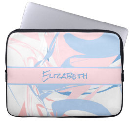 Funda Para Portátil Monograma Mármol Remolino Azul Blanco Rosa