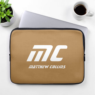 Funda Para Portátil Monograma Marrón Minimalista Nombre Texto Blanco p