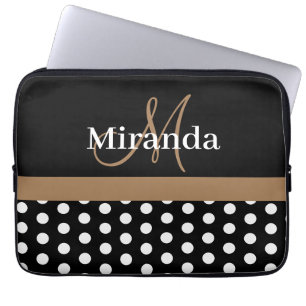 Funda Para Portátil Monograma marrón Punto de Polka Blanco Negro