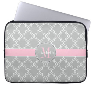 Funda Para Portátil Monograma Marroquí De Quatrefoil Blanco Rosa Lt