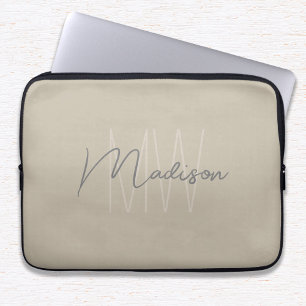 Funda Para Portátil Monograma Minimalista Moderno en Beige Nombre en L