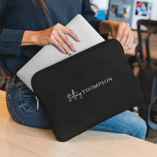 Funda Para Portátil Monograma moderno de escritura de Moda blanca negr