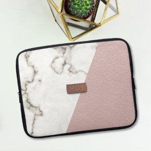 Funda Para Portátil Monograma moderno de mármol rosa de cuero Rubor fa