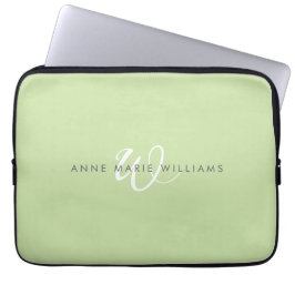 Funda Para Portátil Monograma moderno en guión blanco verde claro