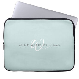 Funda Para Portátil Monograma moderno en verde azulado y blanco