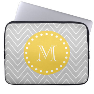 Funda Para Portátil Monograma moderno gris y amarillo del