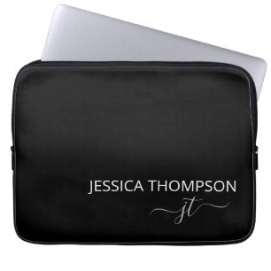 Funda Para Portátil Monograma moderno nombre elegante negro blanco