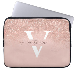Funda Para Portátil Monograma moderno Purpurina rosa Rubor personaliza