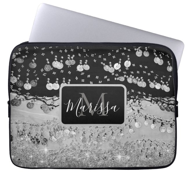 Funda Para Portátil Monograma moneda negra y gitana plateada (Frente)
