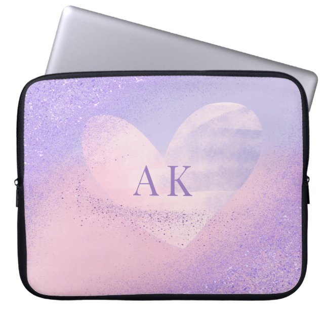 Funda Para Portátil Monograma Morado Gradiente Rosa Gradiente Corazón  (Frente)