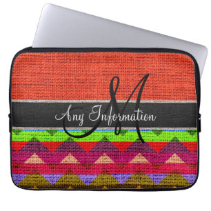 Funda Para Portátil Monograma Naranja Chevron Zigzag Arpillera Yute