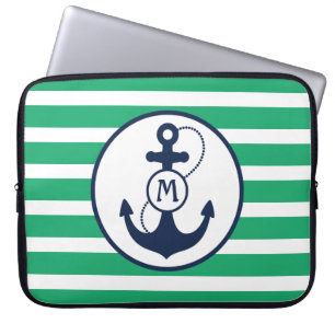 Funda Para Portátil Monograma náutico verde del ancla