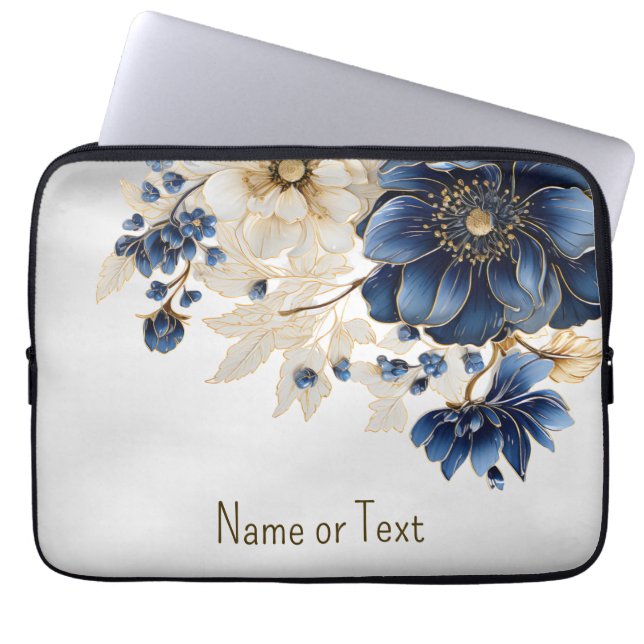 Funda Para Portátil Monograma Navy Floral dorada blanca azul (Frente)