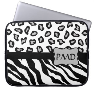 Funda Para Portátil Monograma negro, blanco y gris de piel y chita