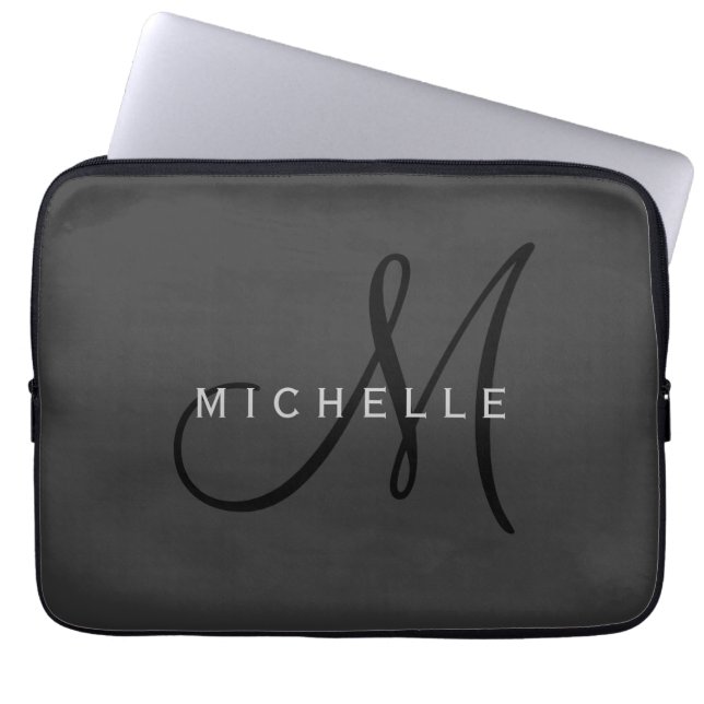 Funda Para Portátil Monograma negro profesional Gray Your Name (Frente)