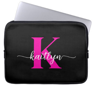 Funda Para Portátil Monograma Negro Rosa Caliente