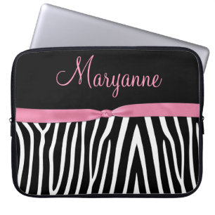Funda Para Portátil Monograma negro rosado de la cinta del rosa de la